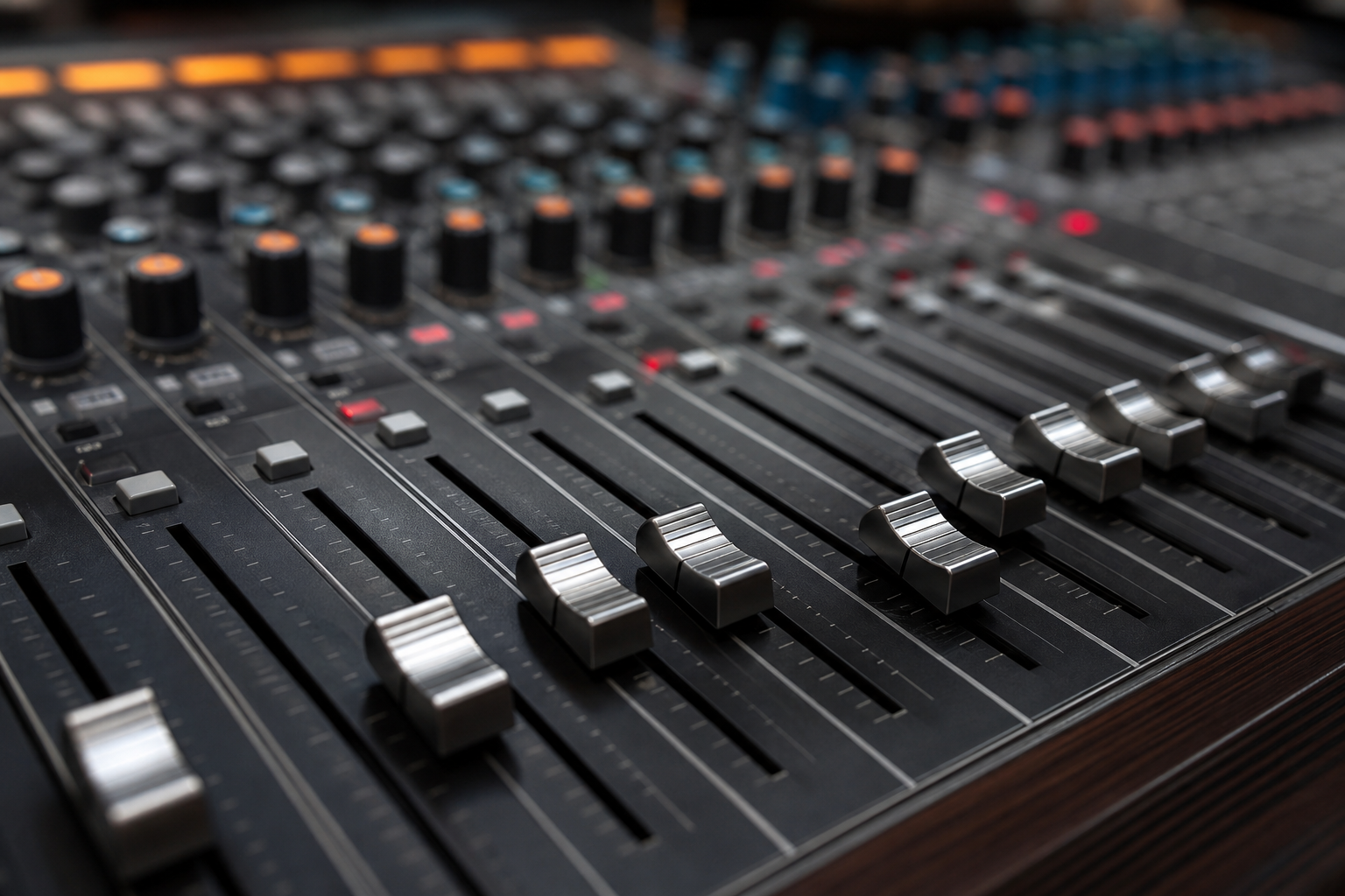 Fader della console di mixaggio dedicati ai canali della batteria