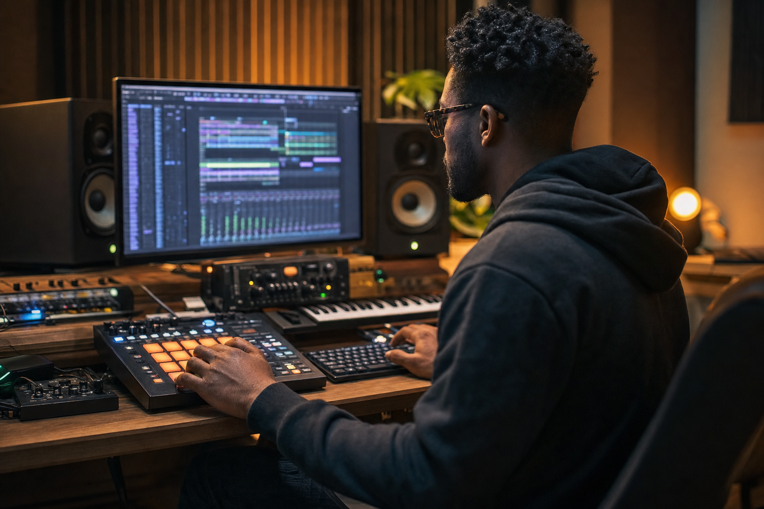 Produttore al lavoro mentre sequenzia un beat alla scrivania dello studio